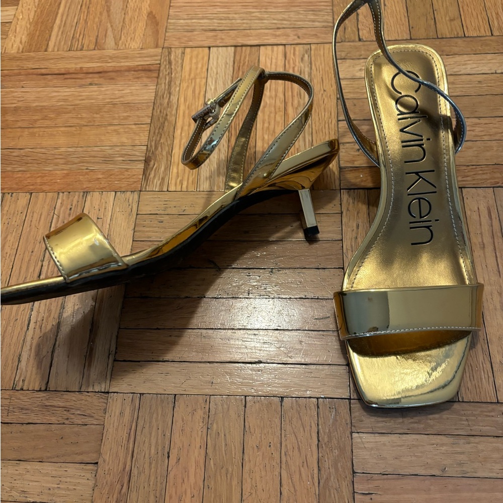 Calvin Klein Gold Kitten Heel Sandal, size 7.5